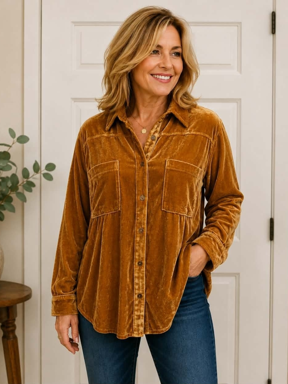 Umgee Velvet Button-Down Shirt - Camel